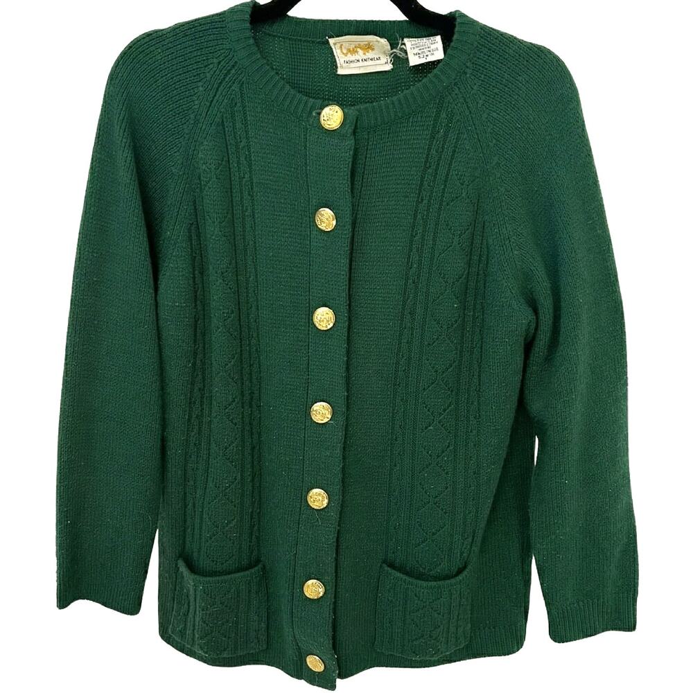 VTG Fashion Knitwear Emerald Green Gold Crest Button Cardigan 10 Dark Academia